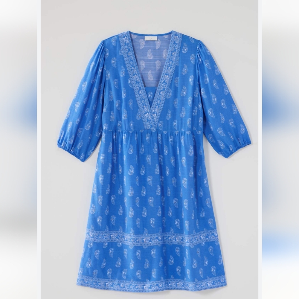 J Jill Border Printed Flounced Hem Dress Blue Ginger Paisley Tier Size SP NEW